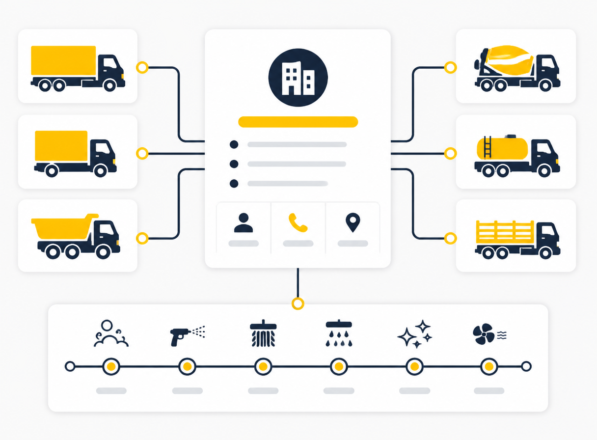Customer company profile linked to its vehicles and wash history