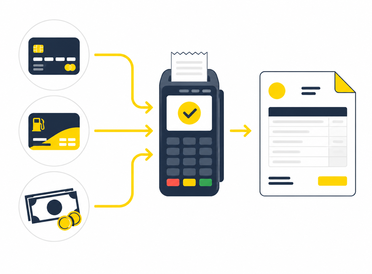 POS handling card, diesel card and cash with automatic invoicing