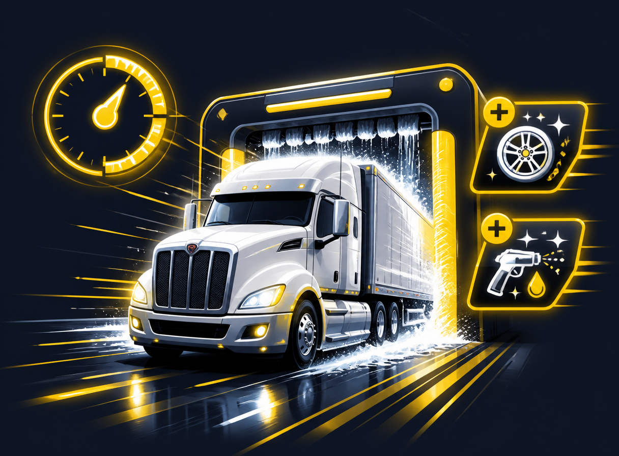 Fast checkout at a truck wash with upsell prompts