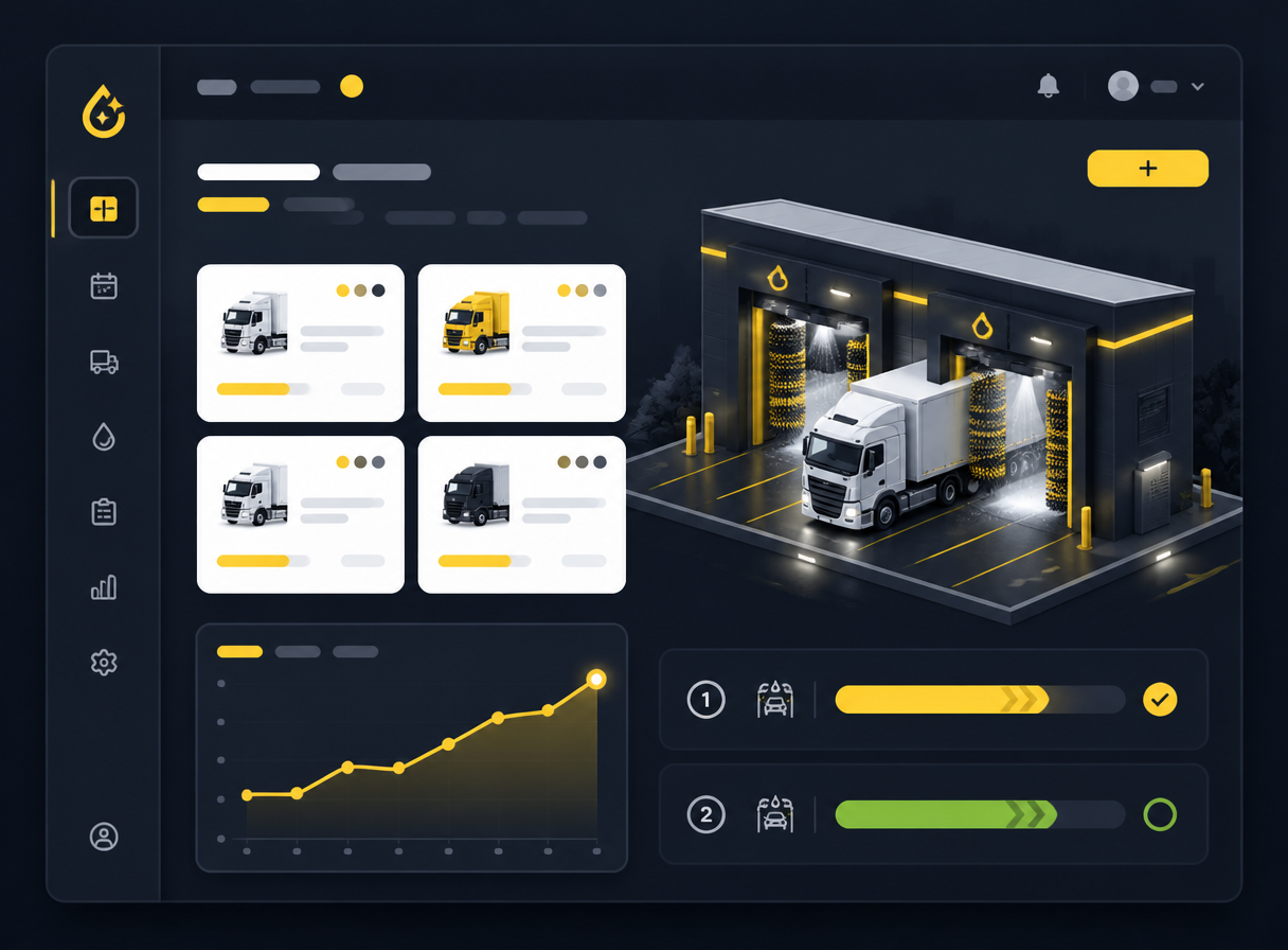 Truck wash software dashboard showing the day's washes, lanes and revenue