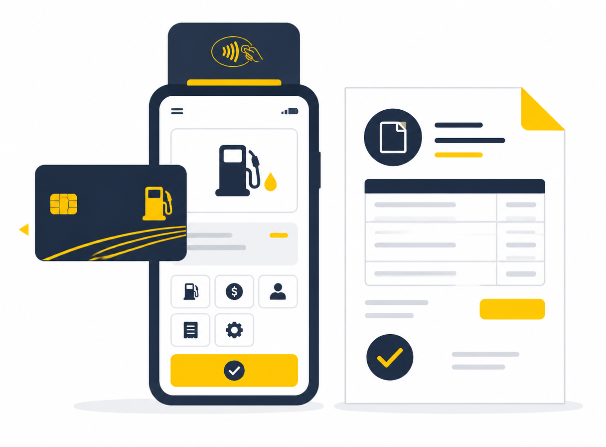 Mobile point-of-sale taking a diesel-card payment with an invoice